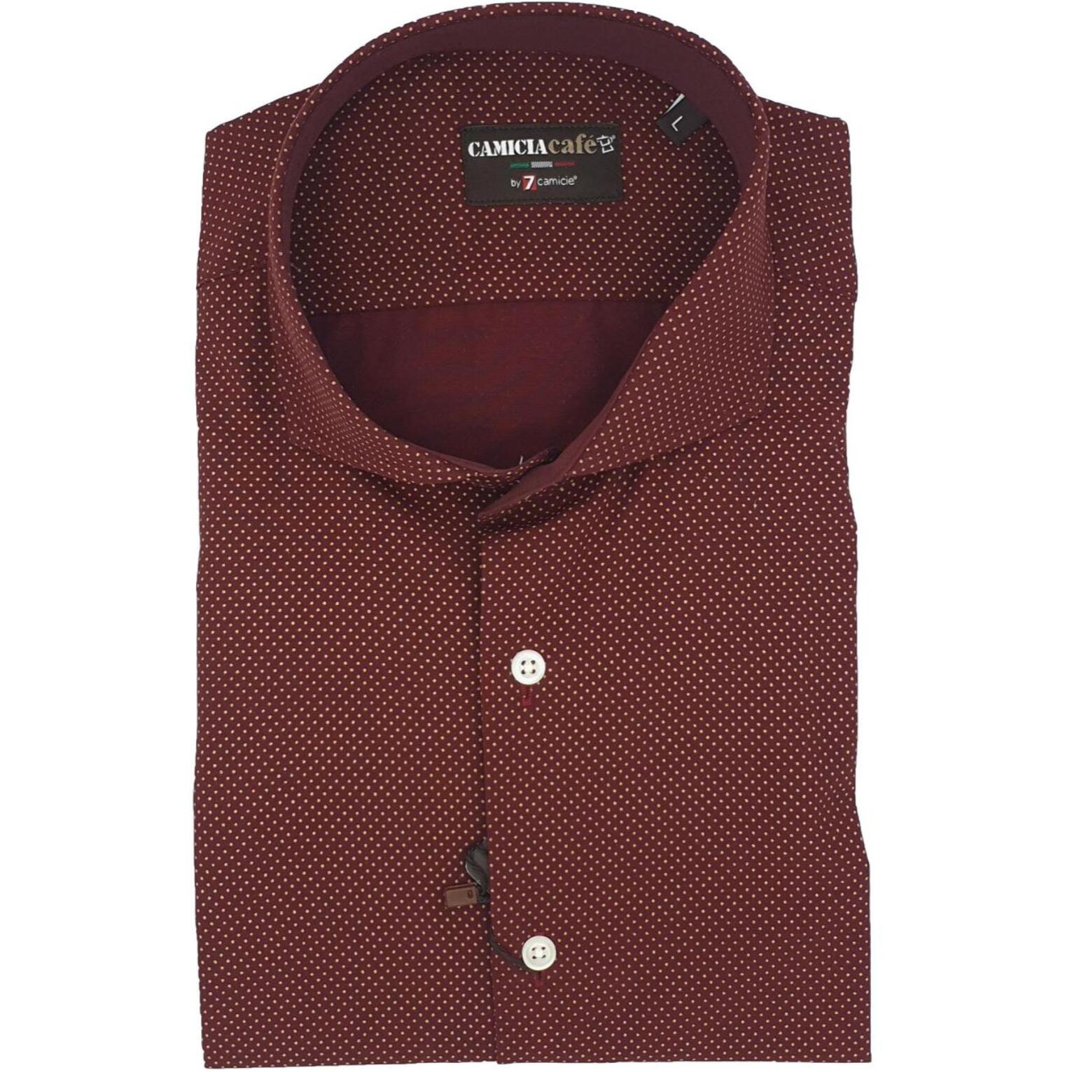 Camicia Uomo 1 Bottone Francese Slim Cotone Stretch Stampato Rosso Bordeaux/Bianco