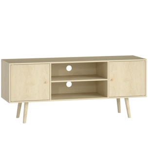 Meuble TV style scandinave 2 portes 2 niches passe-fils piètement bois pin panneaux naturel