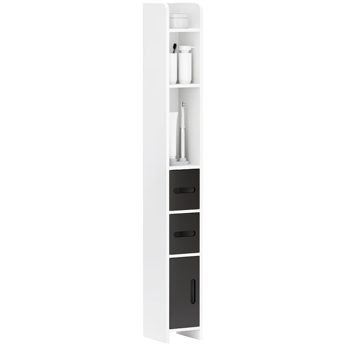 Columna de Baño Mueble de Baño con 3 Puertas 3 Estantes Abiertos y Sistema Antivuelco Armario de Baño Estilo Moderno 15x17x120 cm Blanco y Negro