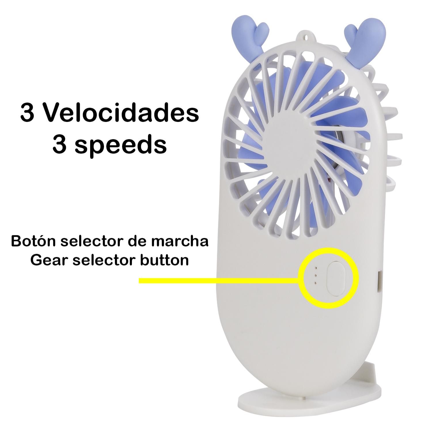 Mini ventilador portátil con batería de 800mAh. Soporte stand para mesa.