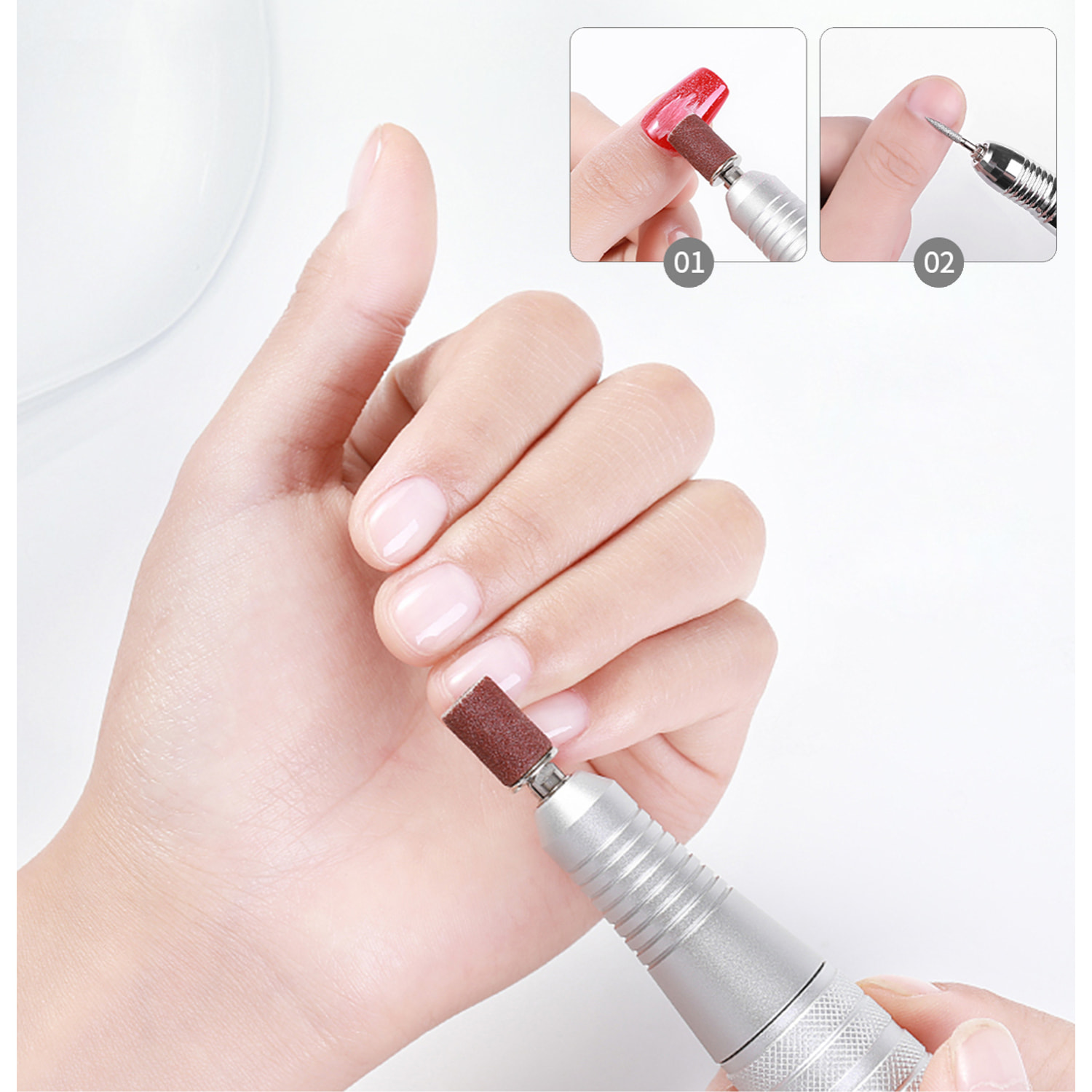 Lucidatrice per unghie con batteria ricaricabile da 2200mAh, fino a 35.000rpm. Velocità regolabile. Include 6 punte di lucidatura e 6 lime.