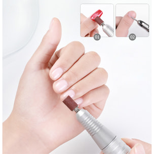 Lucidatrice per unghie con batteria ricaricabile da 2200mAh, fino a 35.000rpm. Velocità regolabile. Include 6 punte di lucidatura e 6 lime.