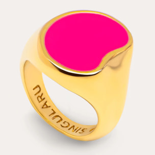 Anillo Signet Bean Neon Pink Enamel Baño Oro