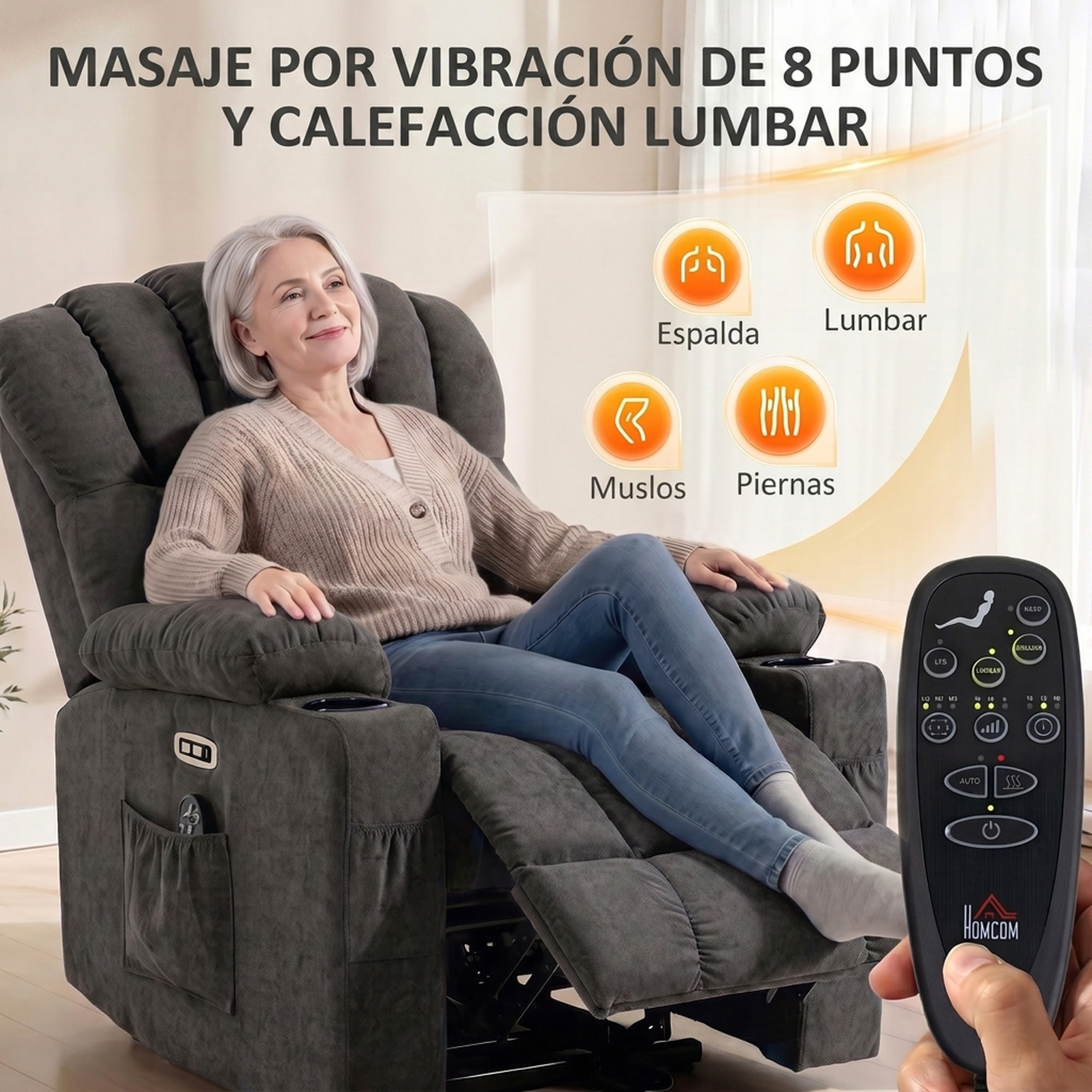 Sillón Relax Reclinable Eléctrico Levanta Personas Mayores con 8 Puntos Masaje Vibratorio y Calor, Sillón Elevador, Asiento Ancho, USB-C, USB-A, Bolsillos, Portavasos, Reposapiés, de Rizo Negro