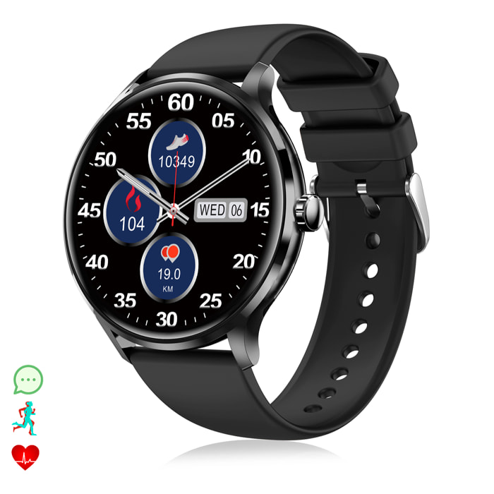 DAM Smartwatch QS80 con llamadas BT, notificaciones push. Monitor deportivo y de salud, termómetro. 4,4x1,1x3,7 Cm. Color: Negro