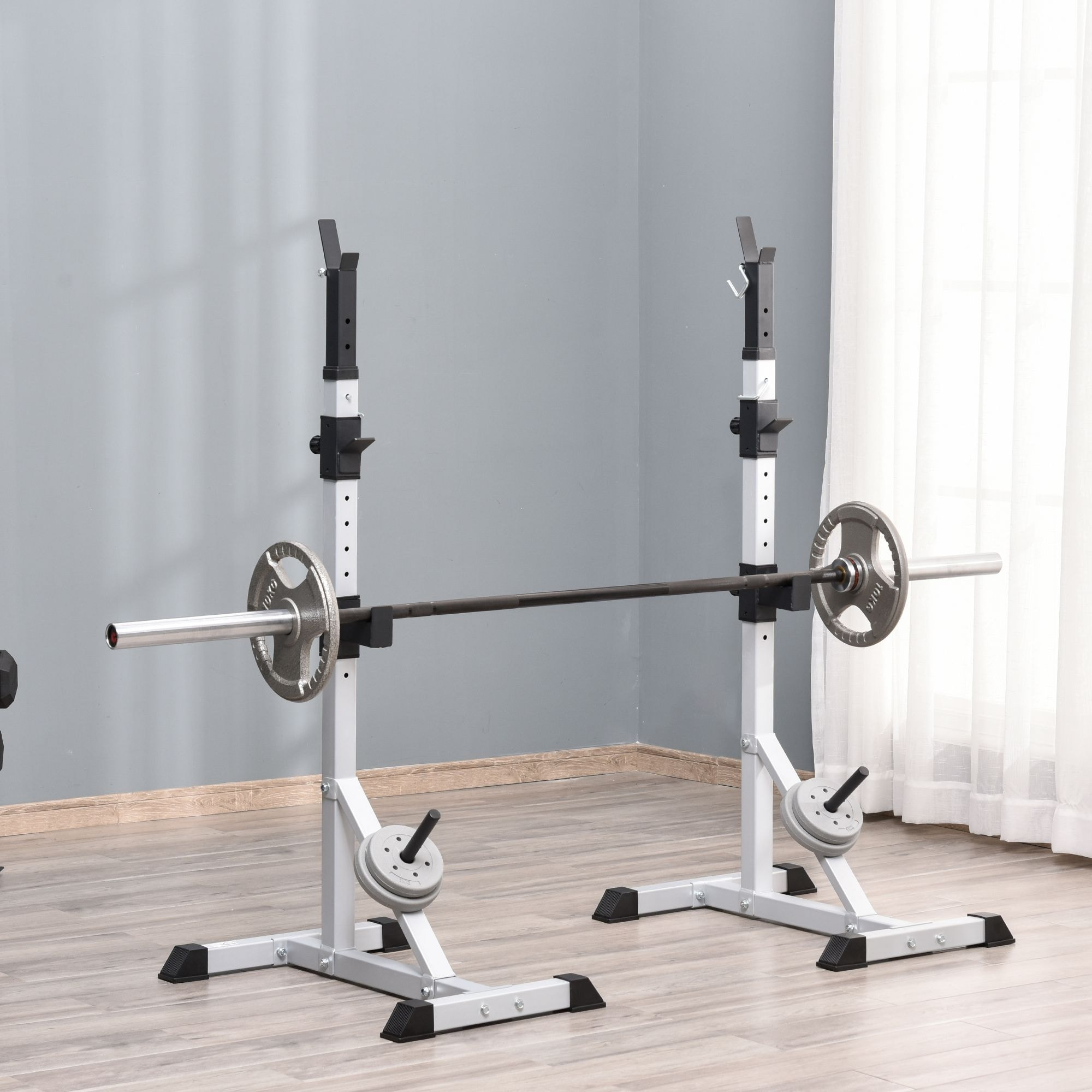 Soporte para Barras de Pesas con Altura Ajustable Rack Musculación con Marco de Acero Carga 200 kg para Entrenamiento en Gimnasio Casa Plata y Negro