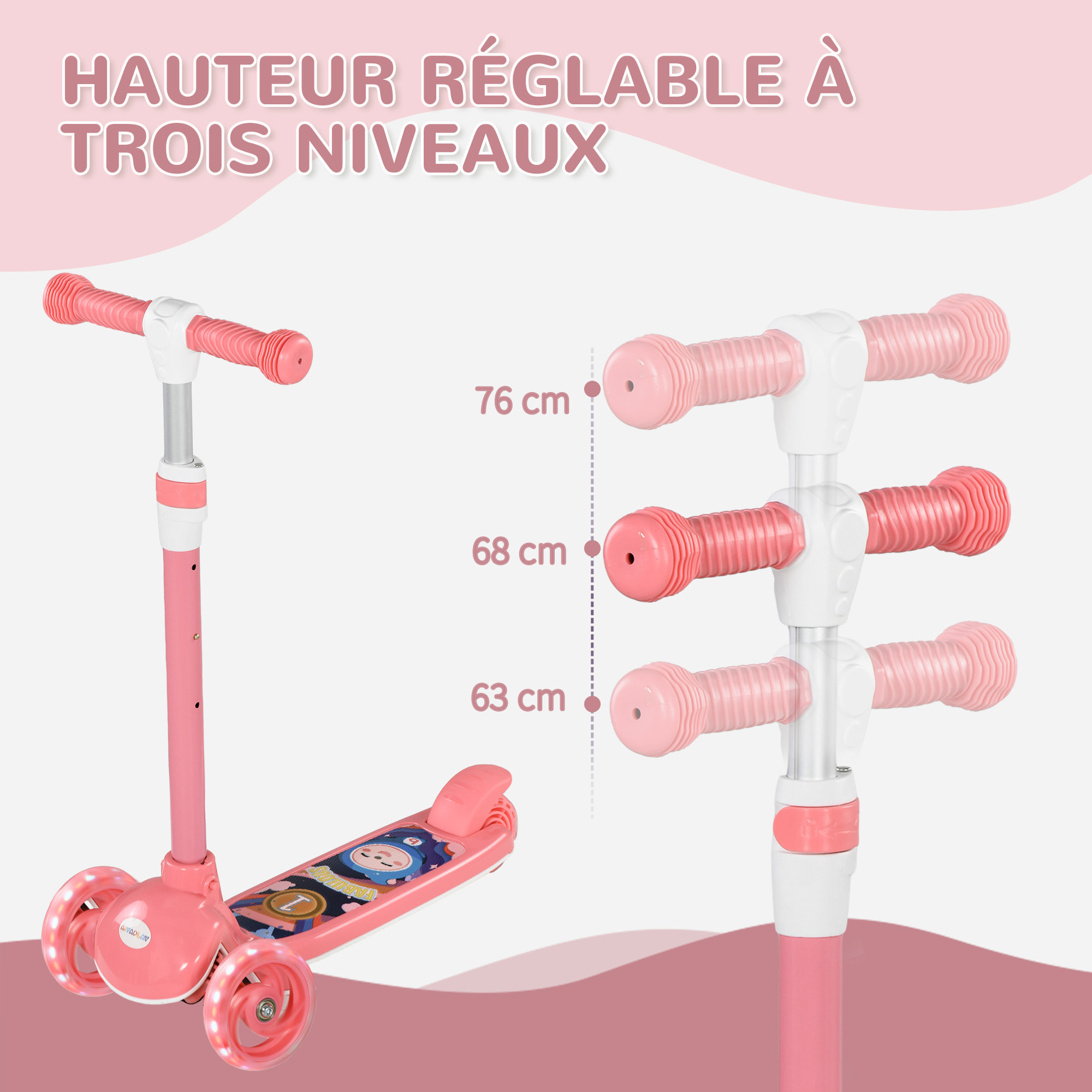 Trottinette pour enfants trottinette 3 roues lumineuses LED hauteur guidon réglable  frein à friction arrière rose