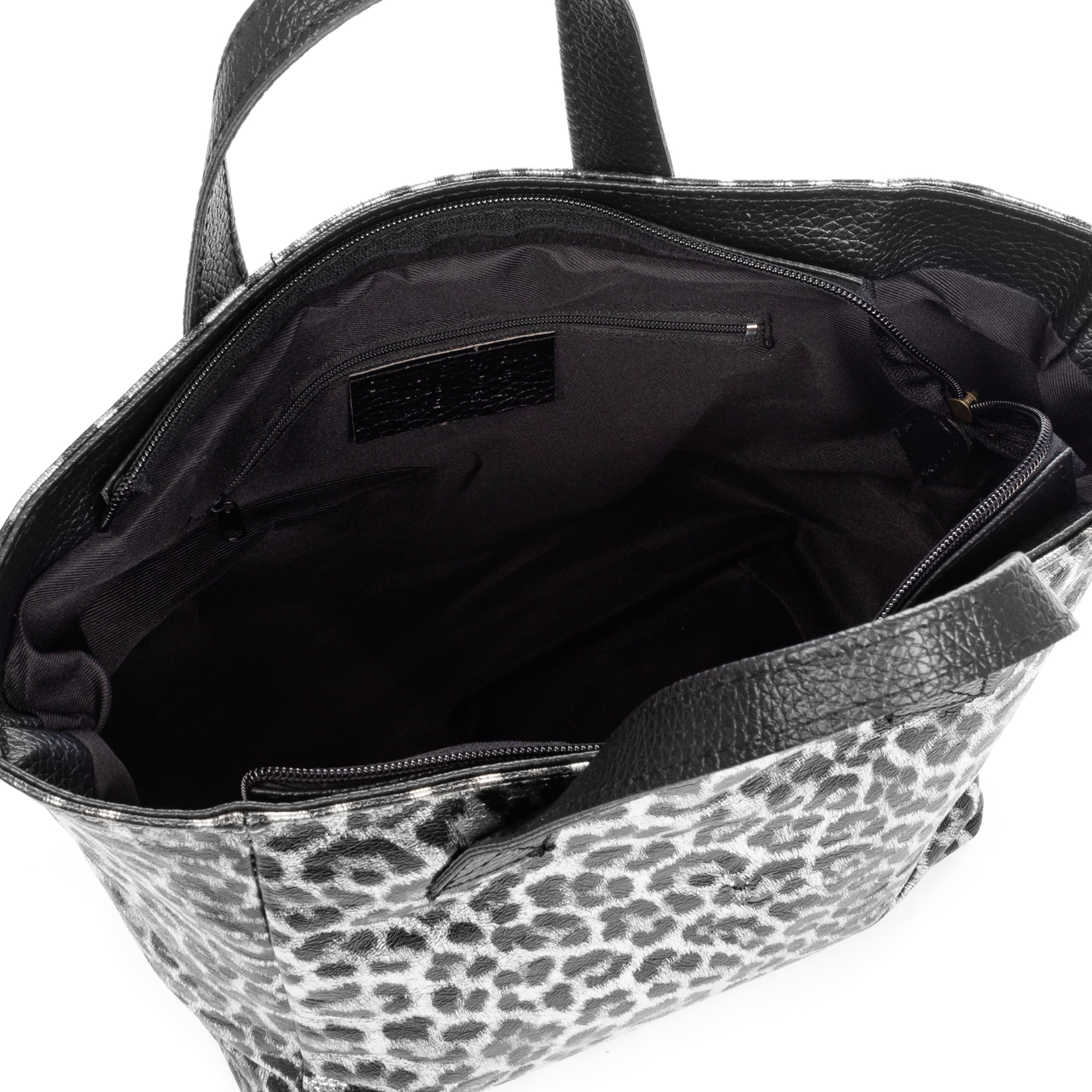 Cassandra borsa tote donna. Pelle autentica Camoscio, stampa animale leopardo, lucido verniciato.