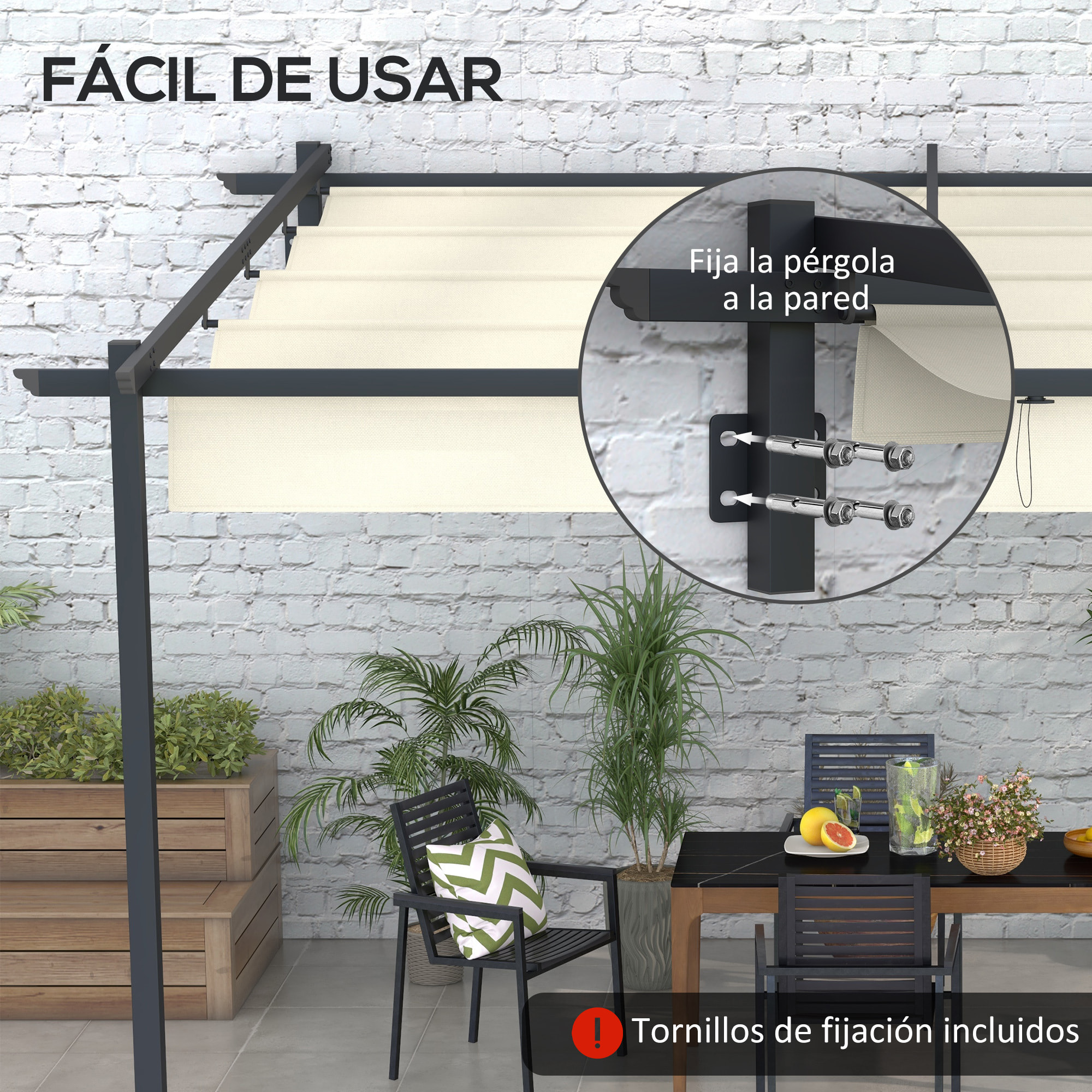 Pérgola de Pared 4x3 m Cenador de Jardín con Techo Retráctil de Poliéster y Marco de Acero para Celebraciones Fiestas Bodas Crema y Gris Oscuro