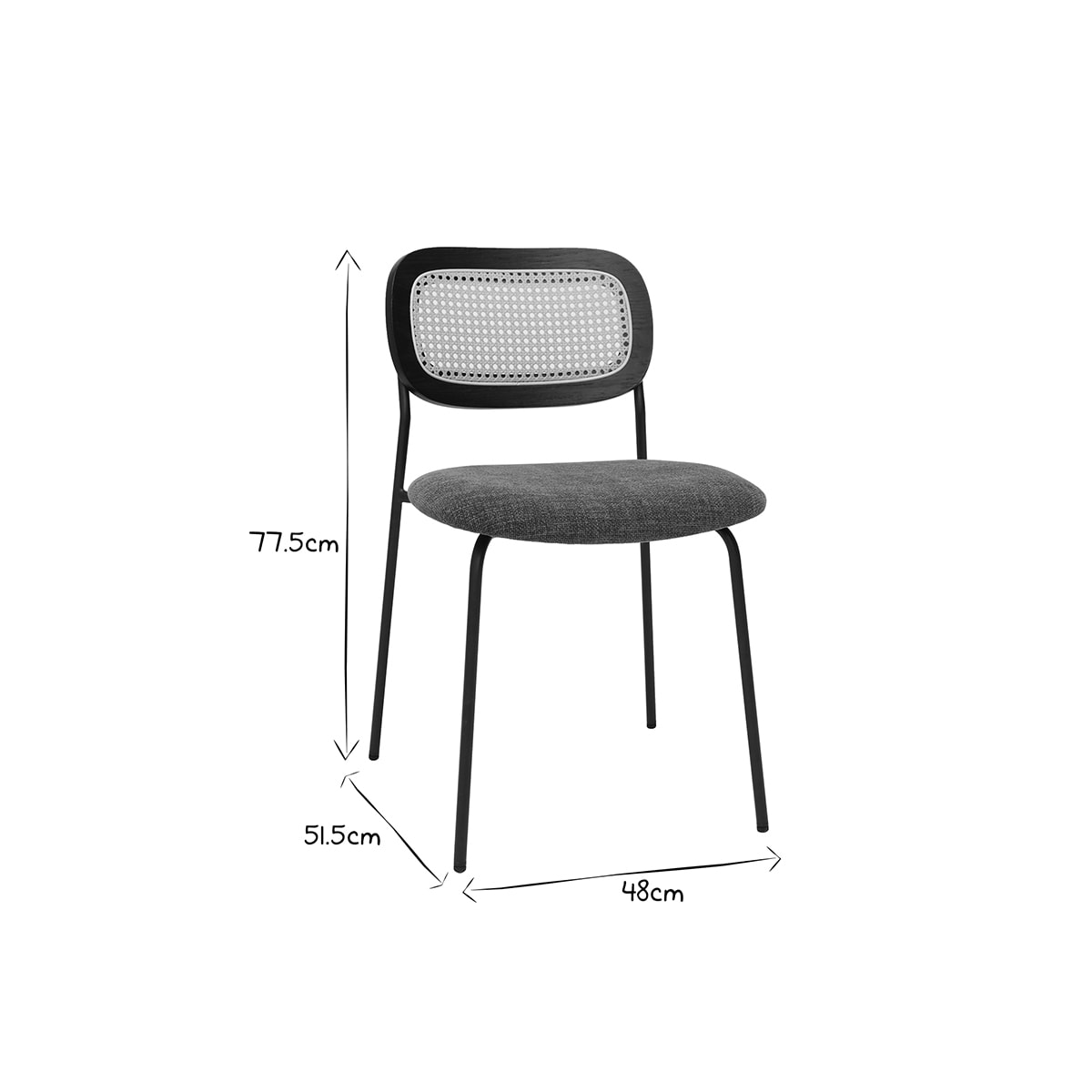 Chaises design en tissu effet velours texturé vert kaki, métal noir et cannage rotin (lot de 2) MIRANDA