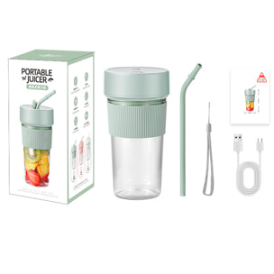 Batidora portatil multifunción de 350ml con 6 cuchillas de acero, seguridad por doble click y batería recargable.