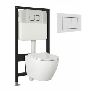 Pack Wc Suspendu + Châssis + Boîtier de Support Blanc | Toilette Blanc Mat | Bouton Blanc | Réservoir Encastré | Couvercle Amorti | Alday