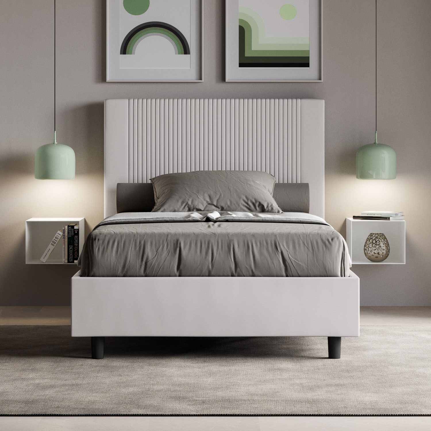 Letto una piazza e mezza contenitore imbottito 120x210 similpelle bianco Goya