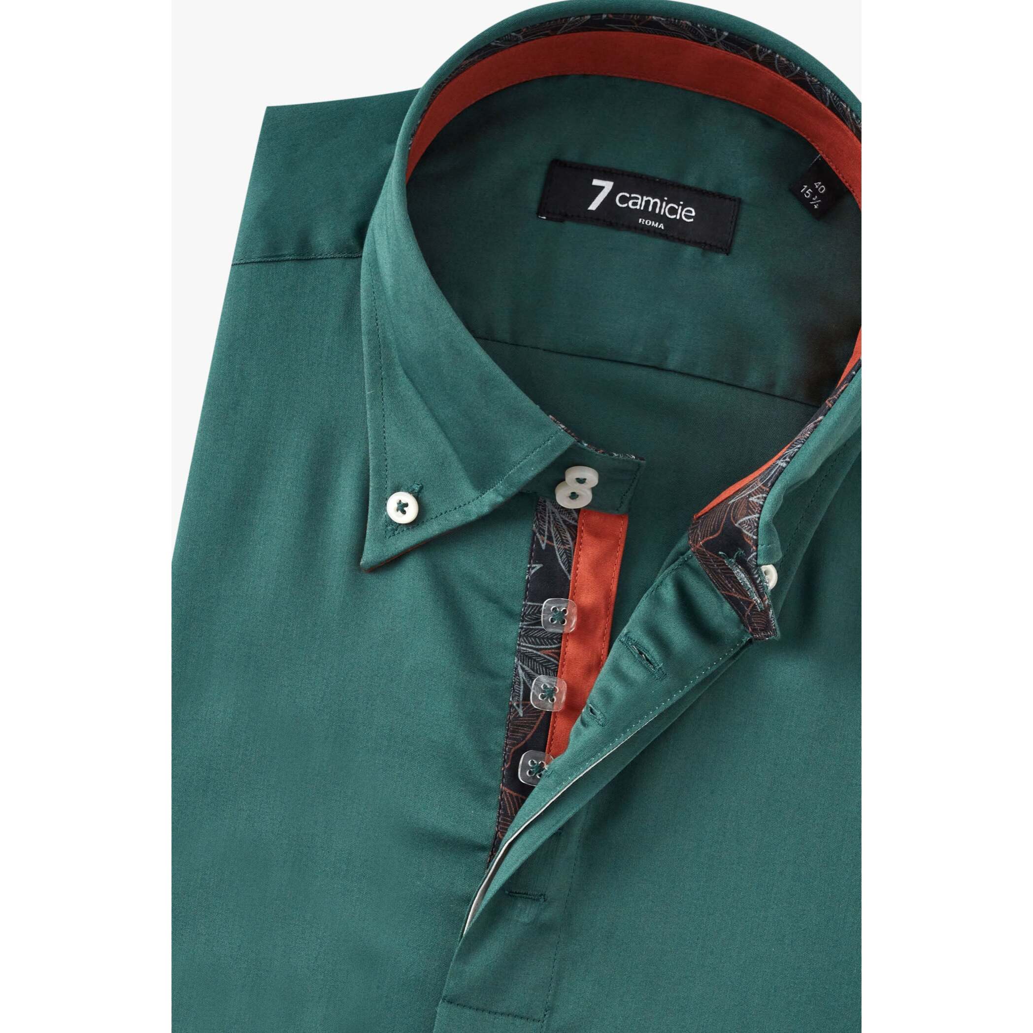 Camicia Uomo 2 Bottoni Button Down Slim Satin Unito Verde Scuro