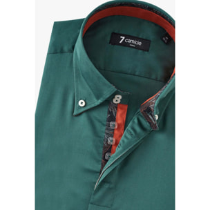 Camicia Uomo 2 Bottoni Button Down Slim Satin Unito Verde Scuro