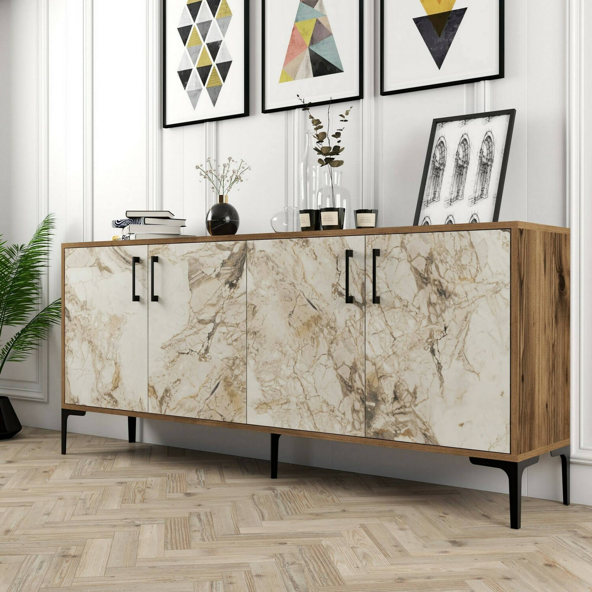 Credenza Dpedrol, Buffet da soggiorno, Madia da salotto, Dispensa da cucina, 180x35h78 cm, Noce e Bianco Marmo