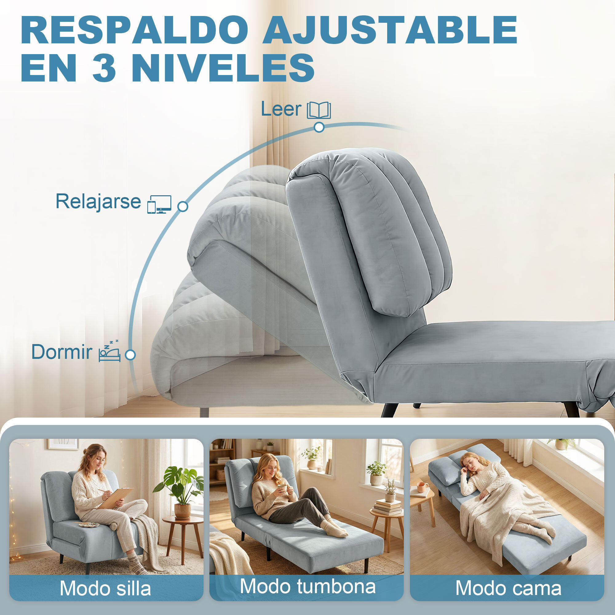 Sofá Cama de 1 Plaza 3 en 1, Sofá Cama Plegable Tapizado en Terciopelo con Respaldo Ajustable en 3 Niveles, Cojín Grueso para Dormitorio, Salón, Oficina, Fácil Montaje, 72x88x87 cm, Gris