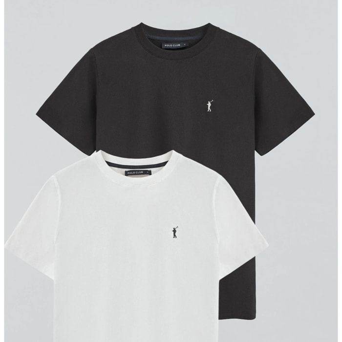 Pack uomo con due magliette in nero e bianco a girocollo con ricamo Rigby Go