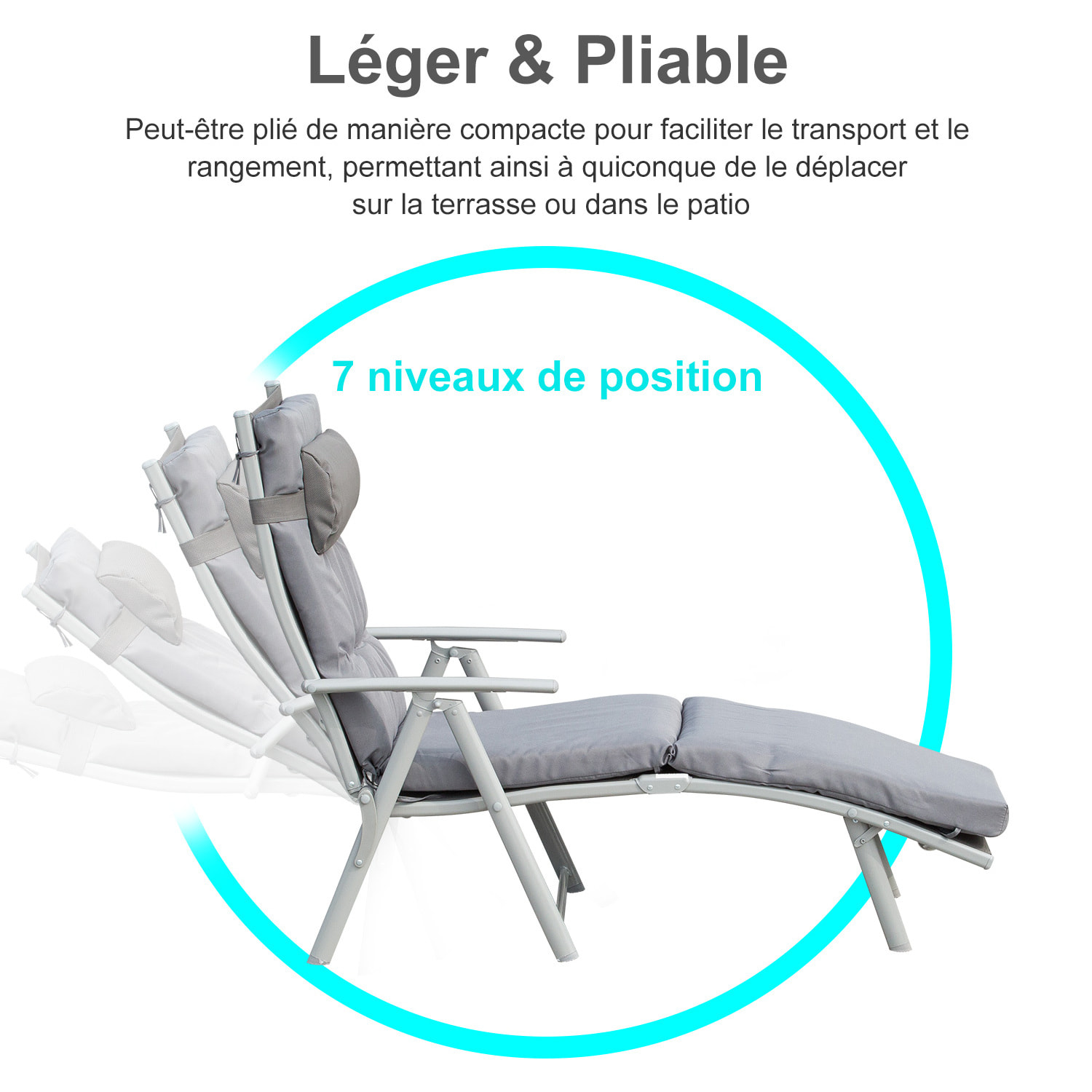 Transat pliable inclinable 7 positions matelas inclus