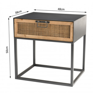 DORIANE - Chevet noir métal 1 tiroir cannage naturel