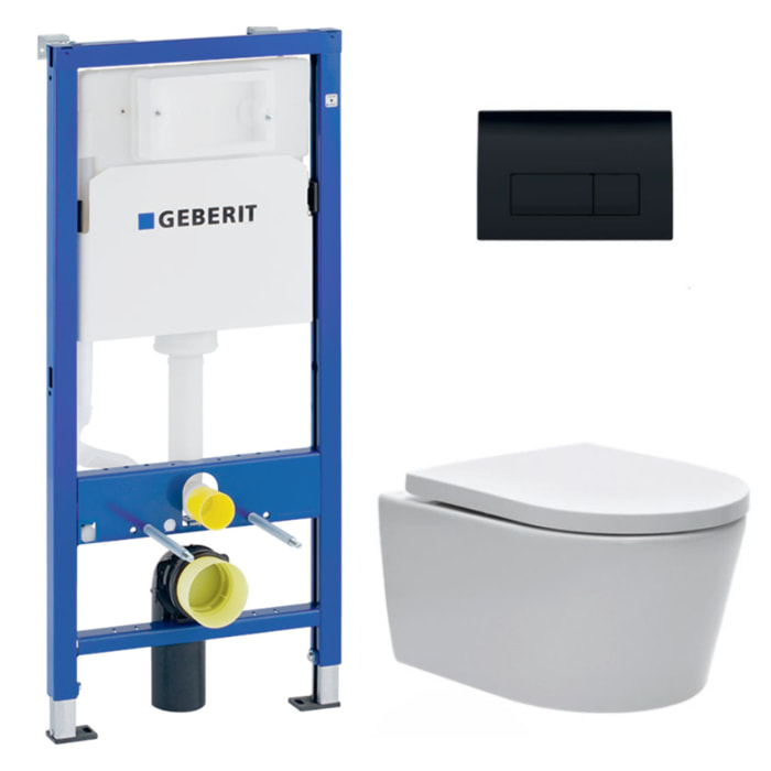 Pack WC sans bride SAT, fixations invisibles + Abattant softclose + Bâti support Geberit UP100 + Plaque Noir brillante