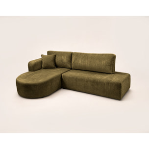 Miro - Canapé d'angle gauche 4 places convertible avec coffre en velours texturé - Vert Olive