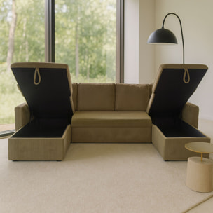 ELLA Canapé panoramique convertible avec coffres 4 places en velours côtelé vert