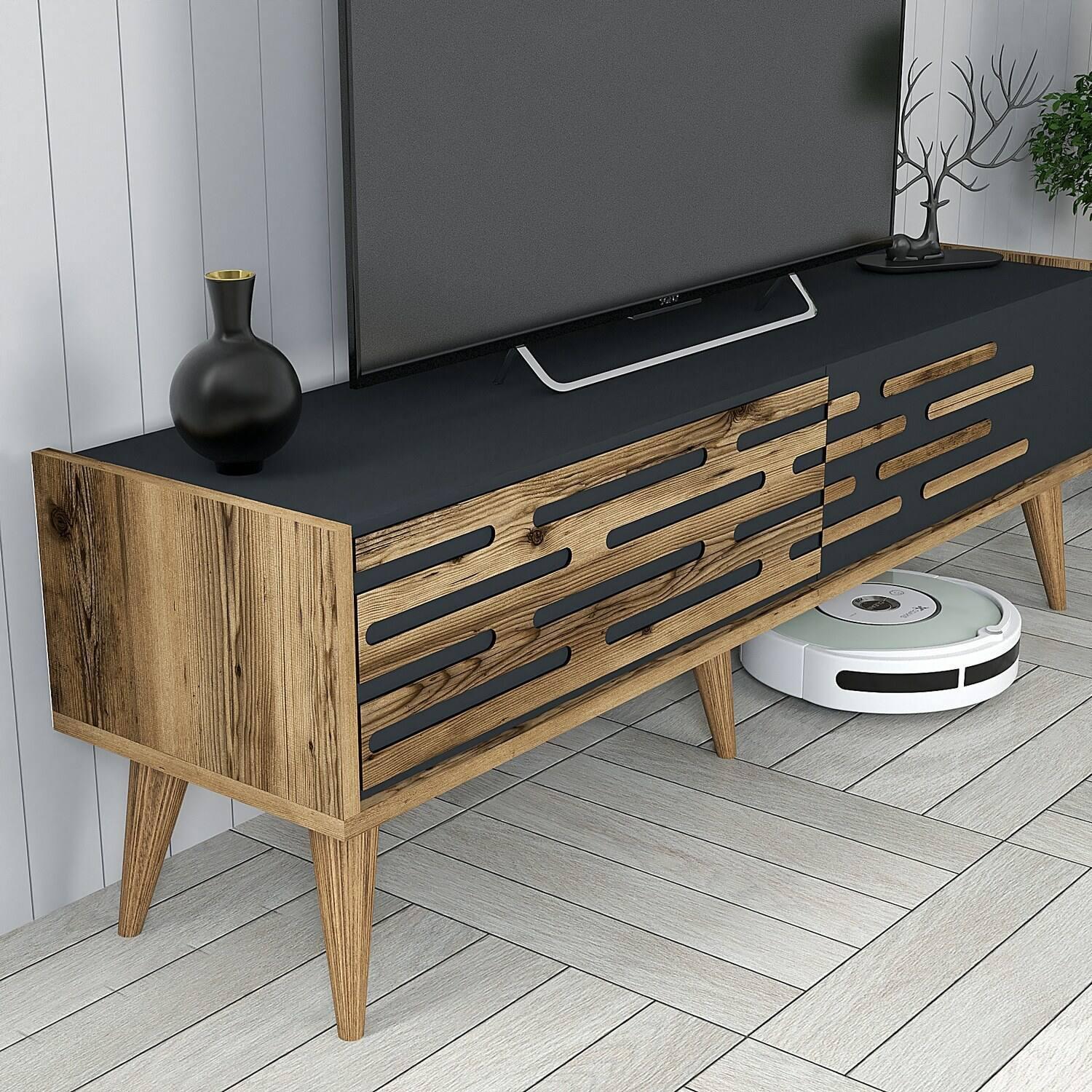 Mobile porta TV Daanesta, Credenza da soggiorno, Armadio basso per TV, Base parete attrezzata, 140x45h35 cm, Noce e Antracite