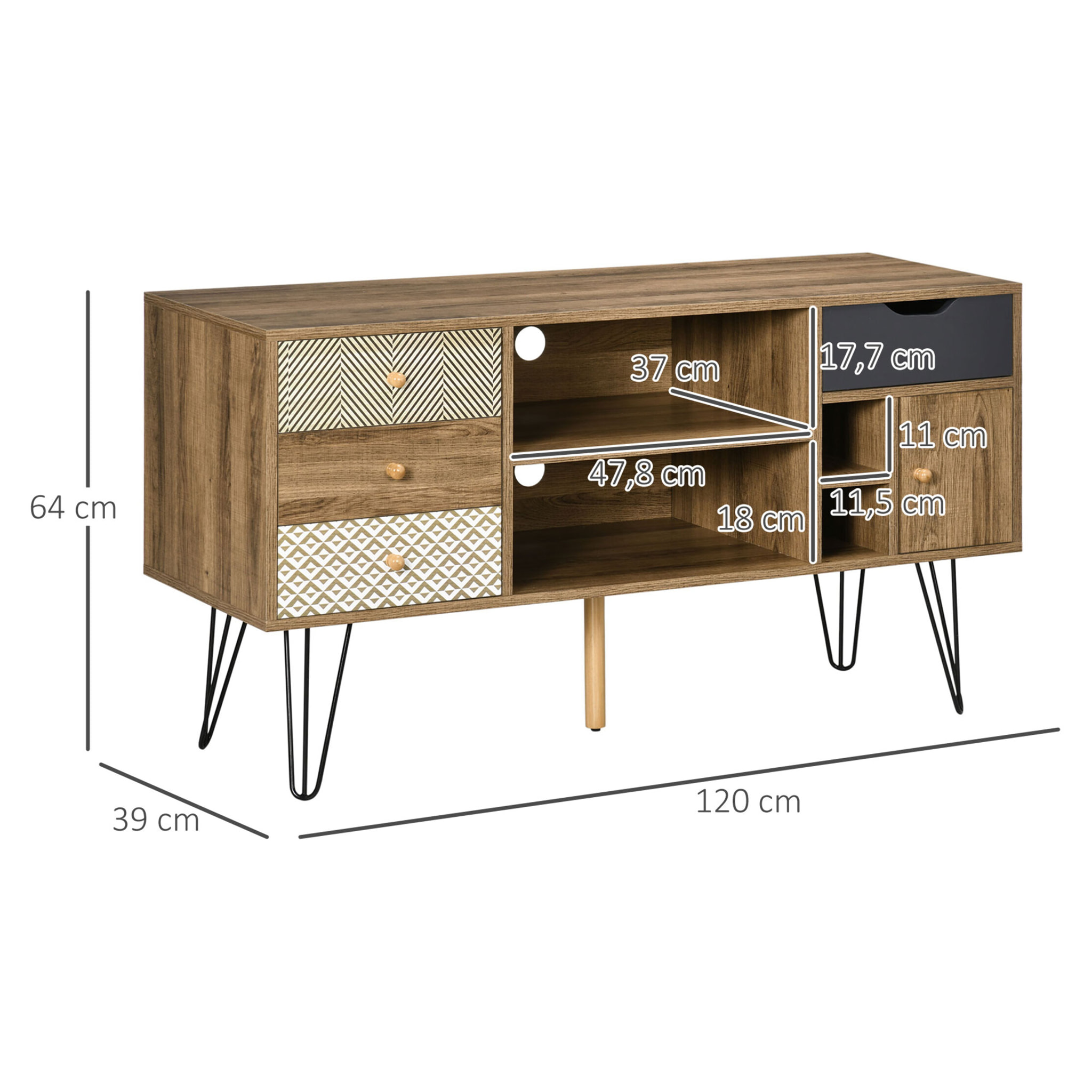 Mueble de TV con Estantes de Almacenamiento 4 Cajones y Patas de Metal Mesa para TV de Salón para Televisores de hasta 50 Pulgadas para Dormitorio 120x39x64 cm Marrón