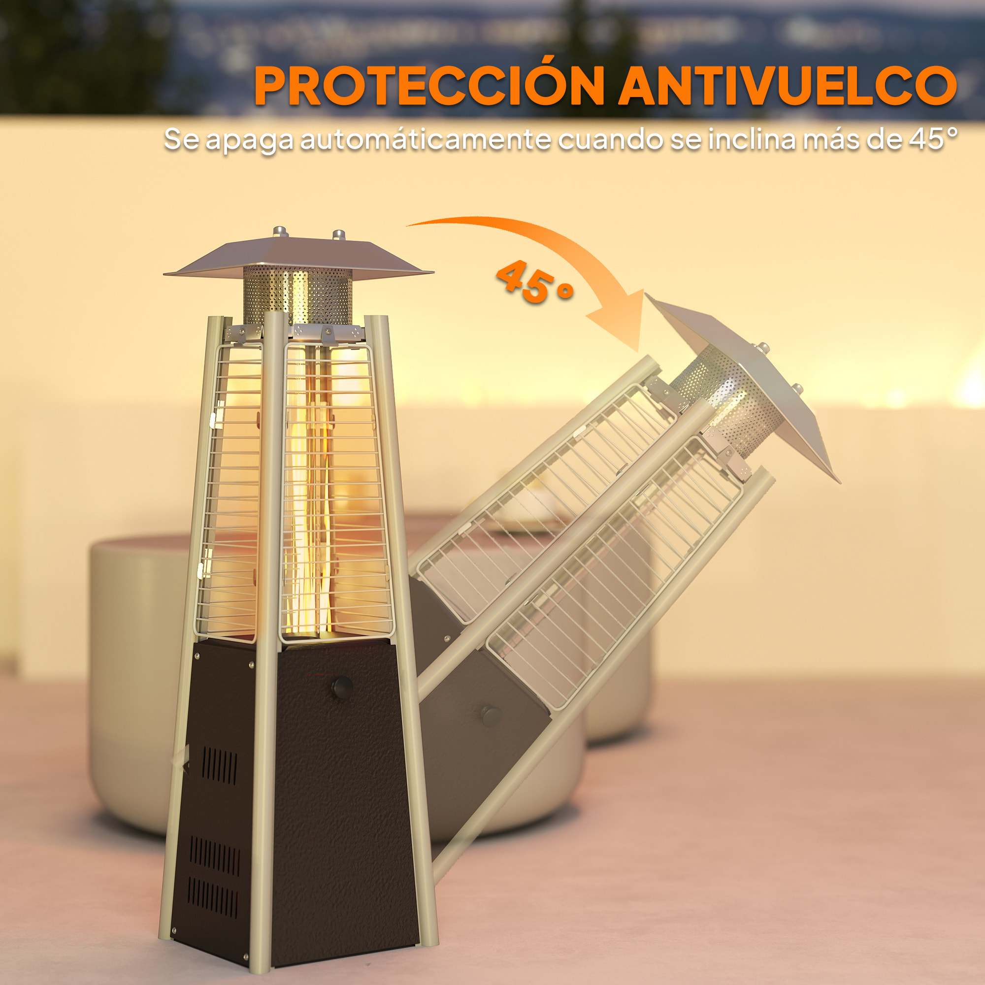 Estufa de Gas Butano, 3 KW, Calefactor de Exterior a Gas Portátil con Temperatura Ajustable, Protección contra Vuelcos, Ignición por Presión, Apta para Butano y Propano, Plata y Bronce