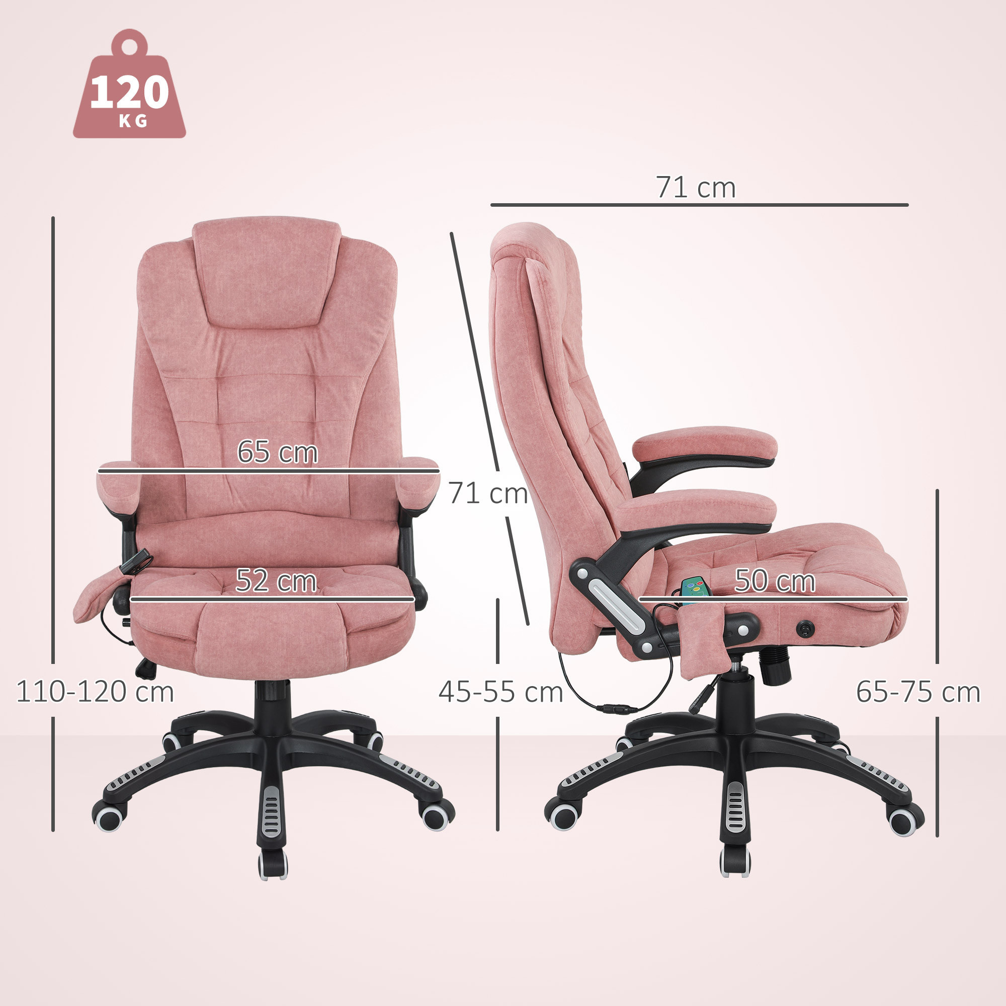 Silla de Oficina con Masaje de 6 Puntos Silla de Escritorio Giratoria con Función Basculante con Calefacción Altura Ajustable Respaldo Reclinable y Mando a Distancia 65x71x110-120 cm Rosa