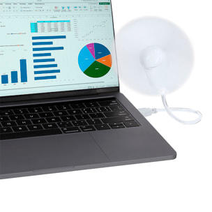 Ventilador flexible compatible con USB y USB-C, con cuello orientable para dirigir el flujo de aire. Compacto, ligero y sin necesidad de baterías, ideal para smartphones, portátiles y baterías externa