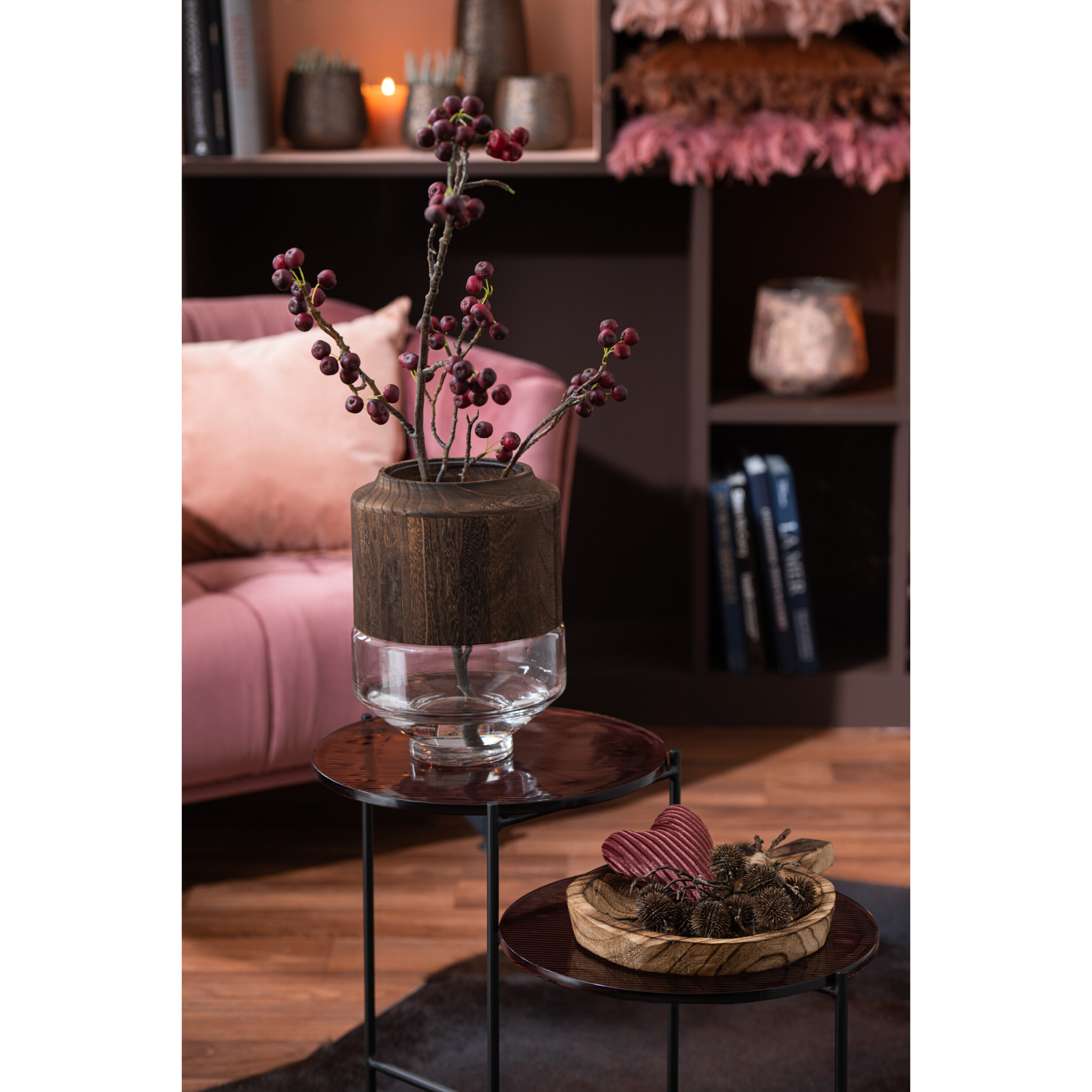 J-Line Vase Rond Haut Bois/Verre Marron Fonce Large