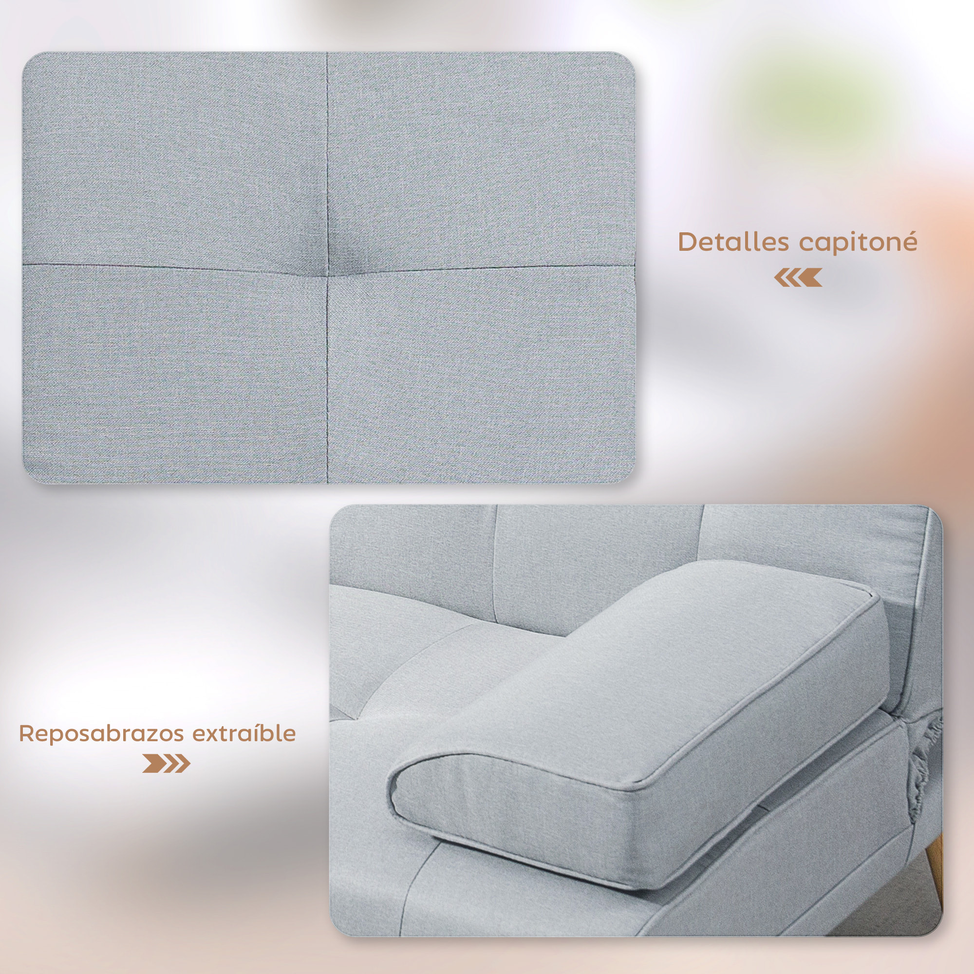 Sofá Cama 3 Plazas, Mesa Abatible con 2 Soportes para Vasos, 181x77x78 cm, Sofá Cama con Respaldo Ajustable, Apertura Clik-Clak, Reposabrazos Desmontables, Patas de Madera, Gris Claro