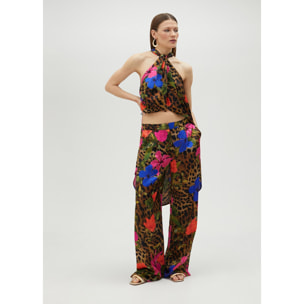 Top voluminoso all'americana con stampa floreale e animalier