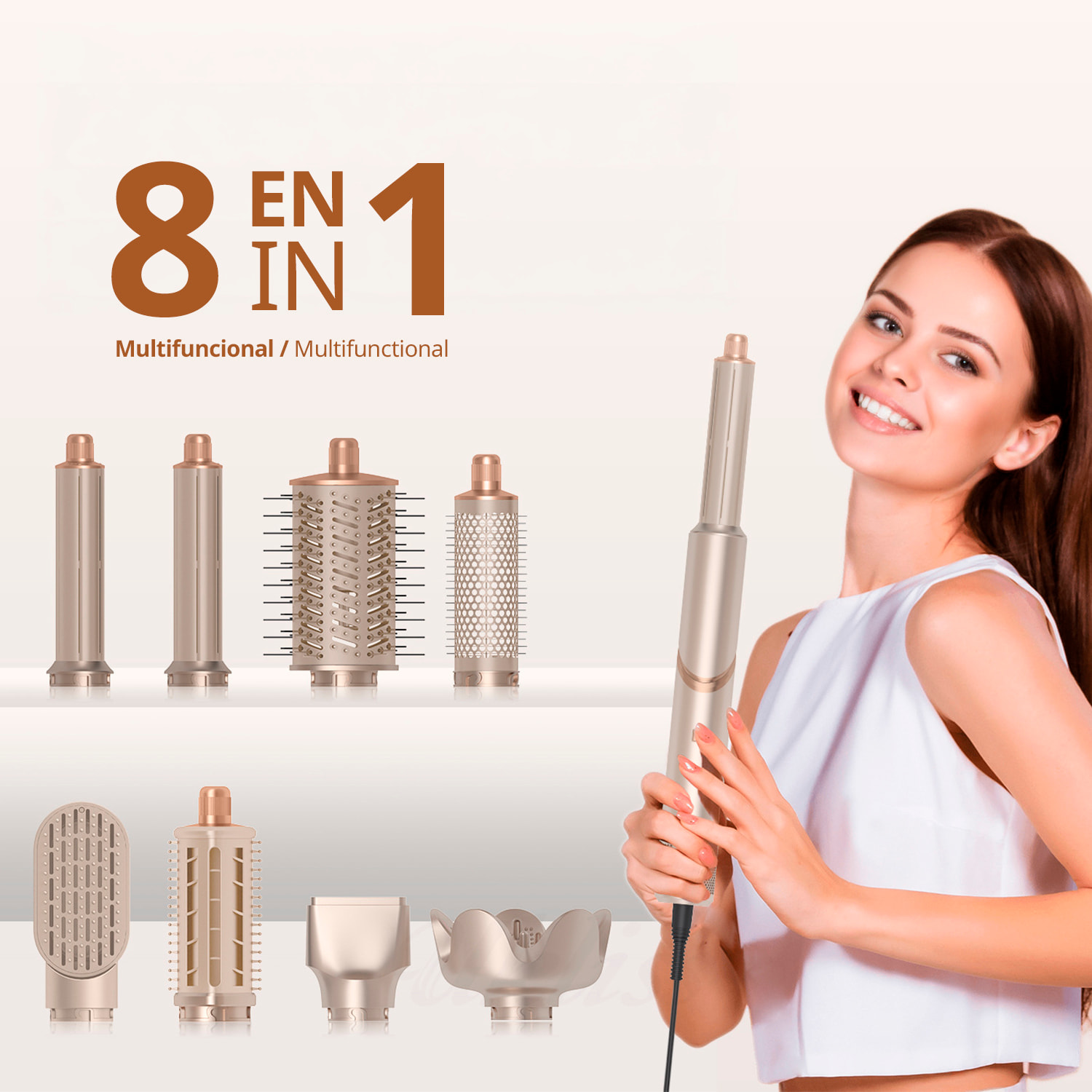 Secador de pelo 648. 8 en 1 con iones negativos. Permite alisar, secar, rizar y mucho más. 3 velocidades, 4 temperaturas y 8 accesorios.