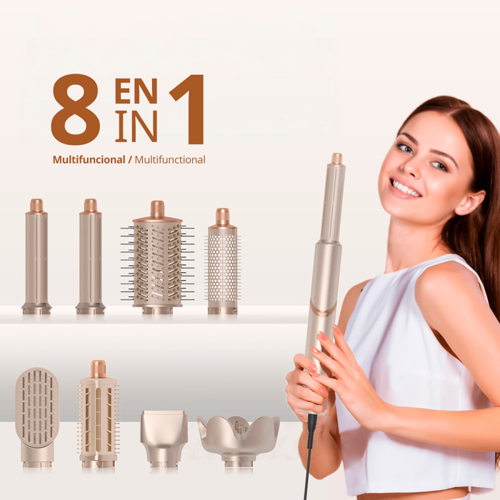Secador de pelo 648. 8 en 1 con iones negativos. Permite alisar, secar, rizar y mucho más. 3 velocidades, 4 temperaturas y 8 accesorios.