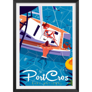 Poster de baignade à port cros Affiche + cadre en bois - Noir