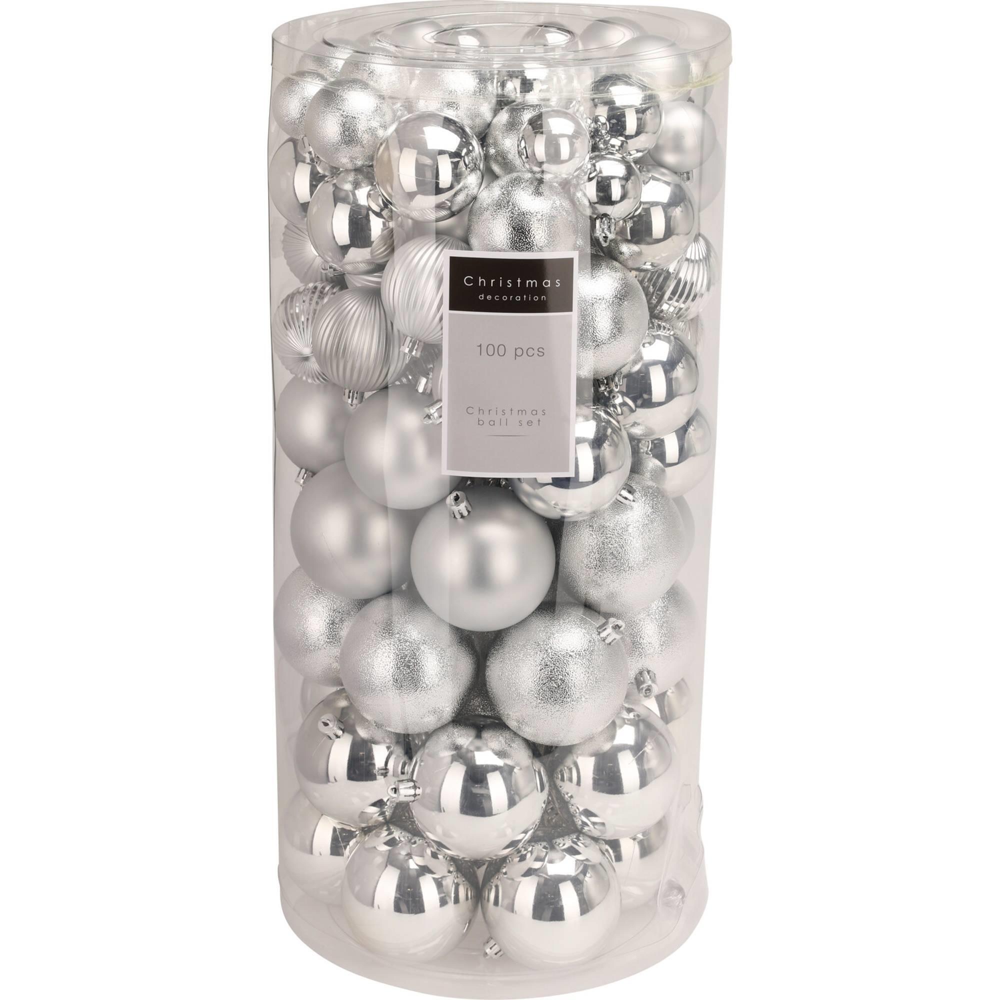 set de 100 bolas de navidad color plata en tubo pet con diferentes diseños y acabados