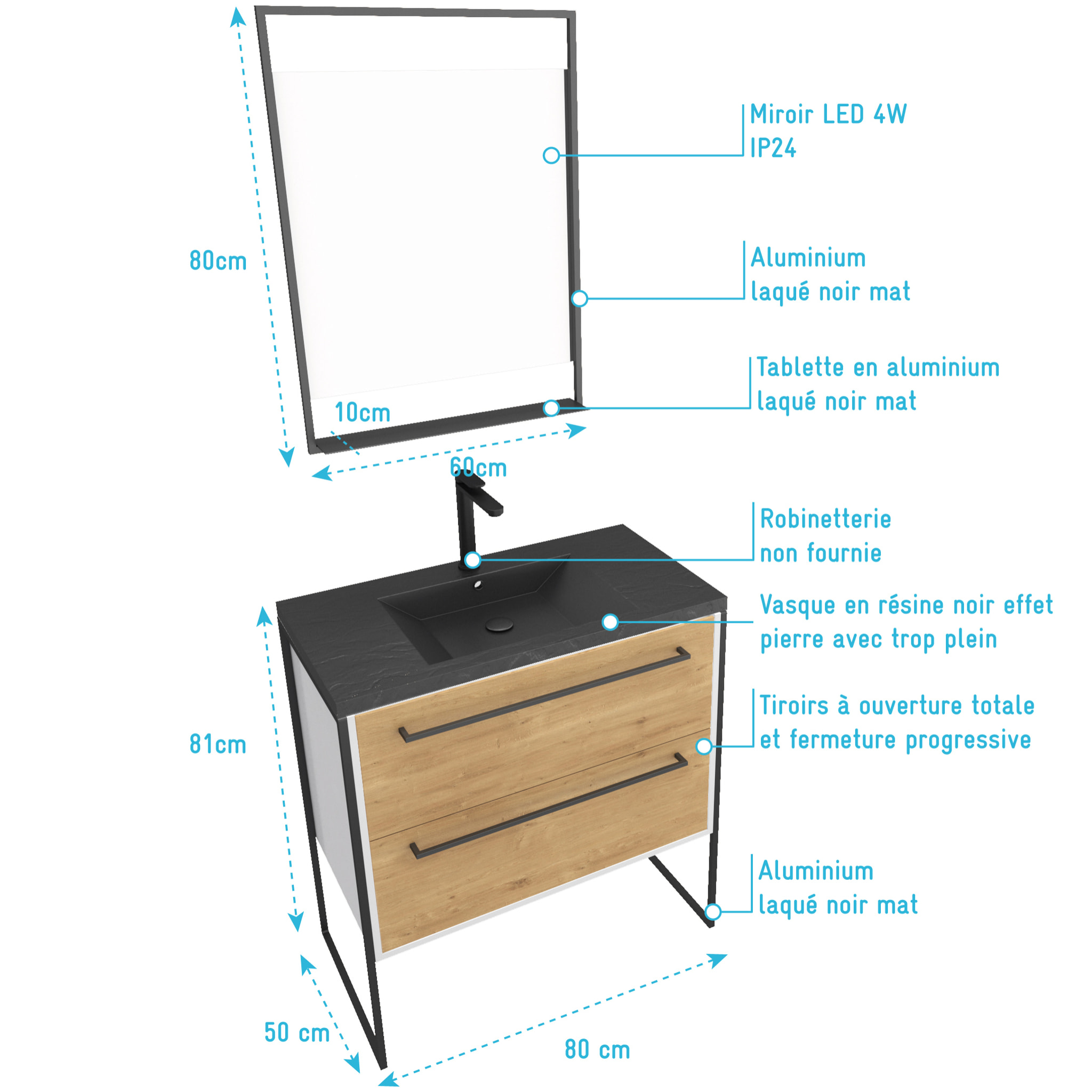 Meuble de salle de bain 80x50 cm + 2 tiroirs chêne naturel + vasque noir effet pierre + miroir led
