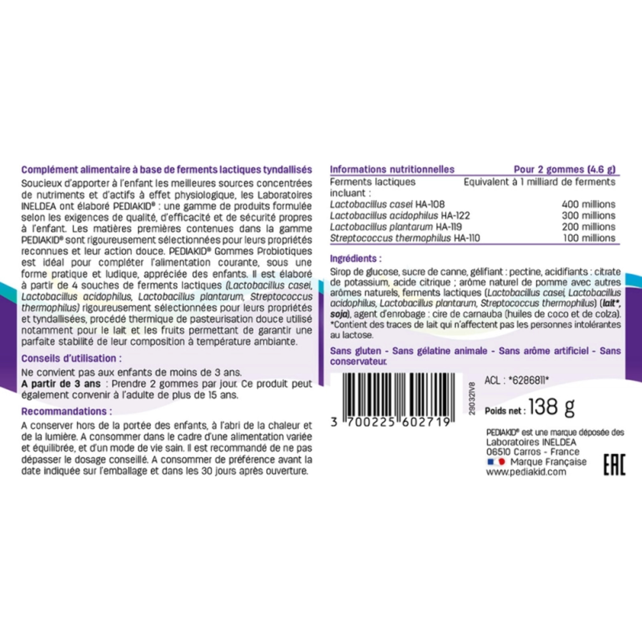 PEDIAKID - Gommes P'tit Biotic - Formule Naturelle au Délicieux Arôme de Pomme - Contribue à Enrichir la Flore Intestinale - Soutient les Défenses de l'Organisme - 60 gommes