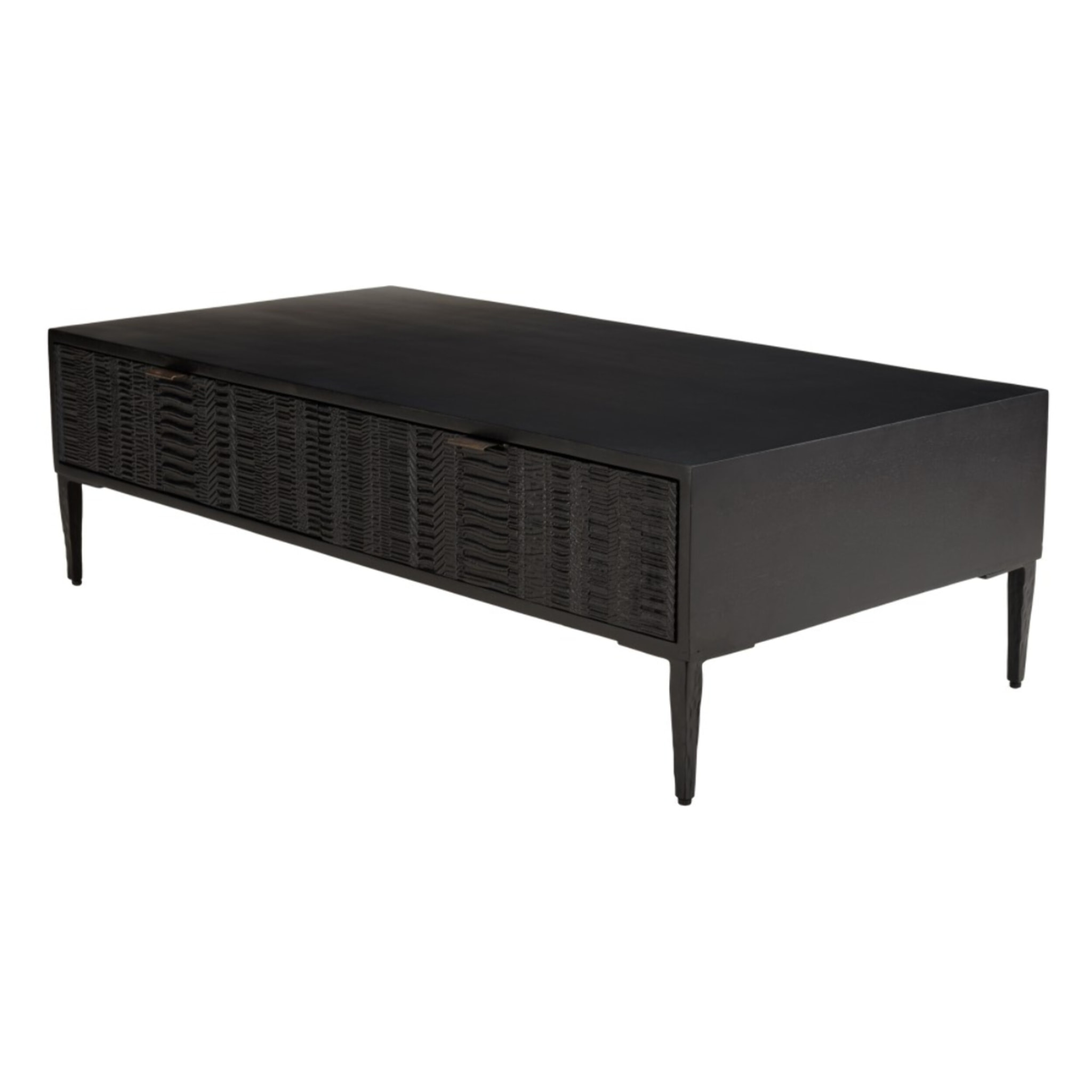 GLORIA - Table basse en manguier noir 2 tiroirs sculptés pieds métal