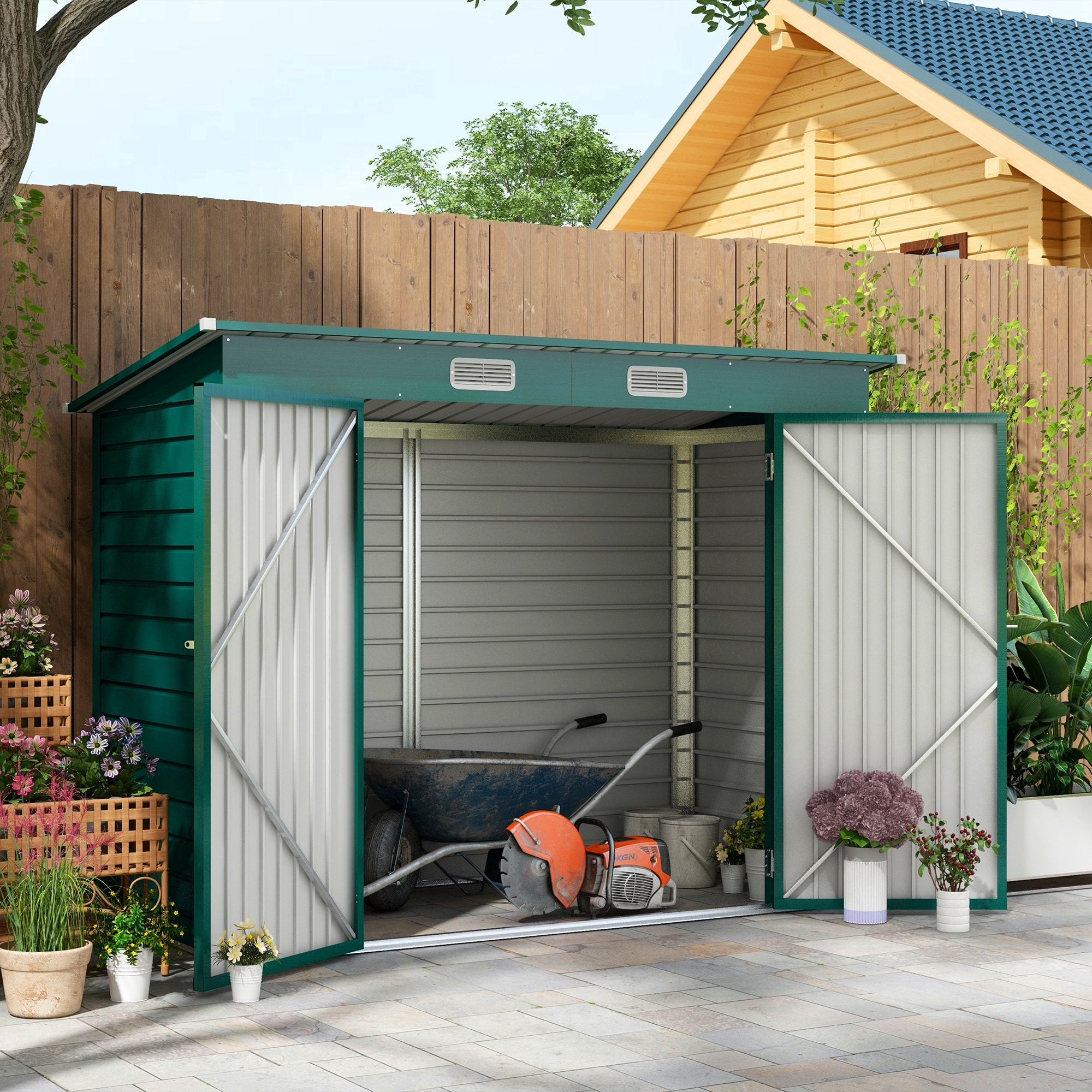 Caseta de Jardín Exterior 2,7m² 249x121x183 cm Cobertizo de Jardín Exterior con Doble Puerta 2 Ventilaciones y Pestillo Cobertizo para Terraza Patio Verde