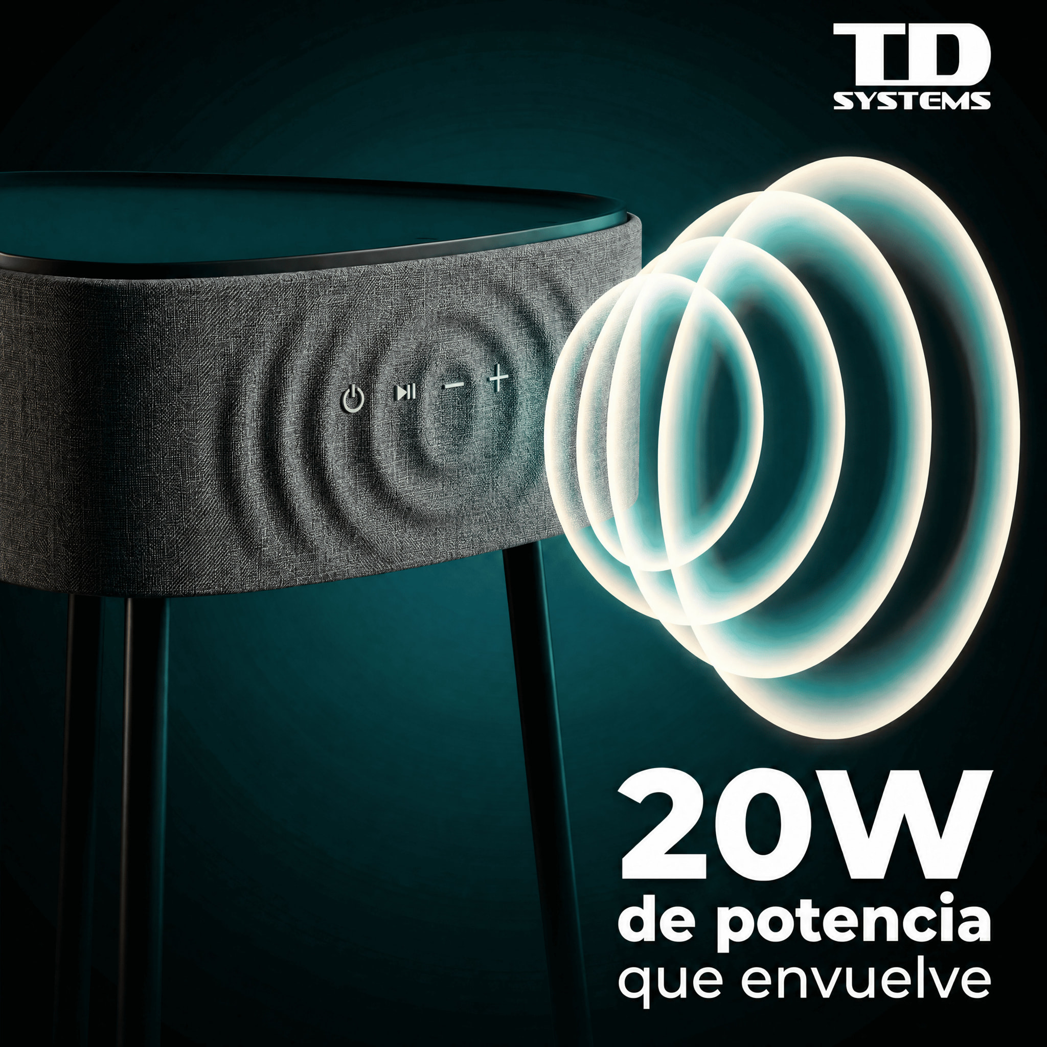 Mesa auxiliar altavoz portátil con sonido de 20W, Bluetooth, Base de carga inalámbrica, batería de 2500mAh. Mesilla o mesita para dormitorio o sala de estar - TD Systems SM20B11PGC [Gris claro]