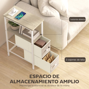 Juego de 2 Mesas Auxiliares con Enchufe, Mesitas Auxiliares Estrechas con Toma AC, Puerto USB, Puerto USB-C, 2 Cajones de Tela, Estante Abierto, para Salón, Dormitorio, Natural