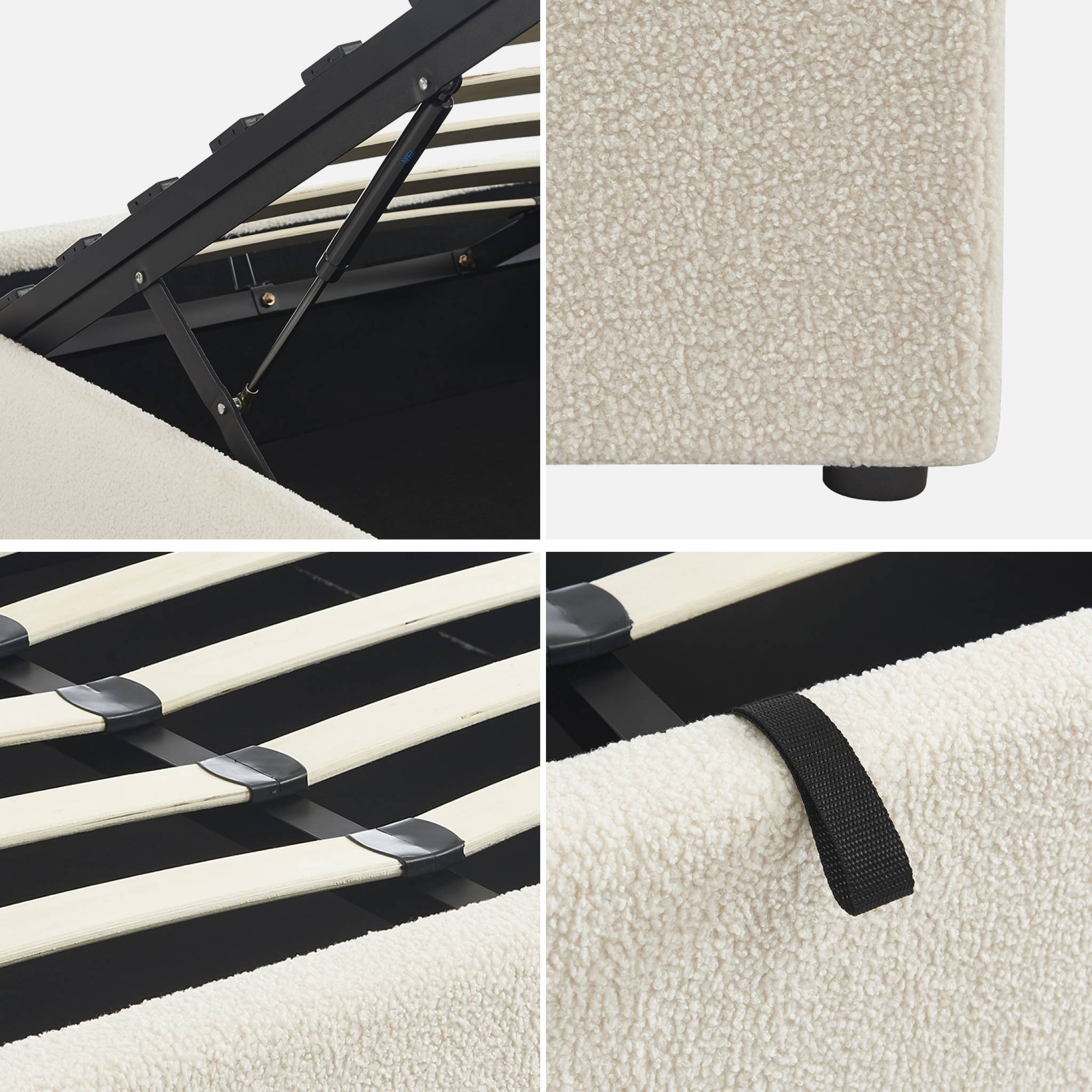 Lit coffre avec sommier à lattes. finition bouclette. blanc. L 204 x P 148 x H 32cm