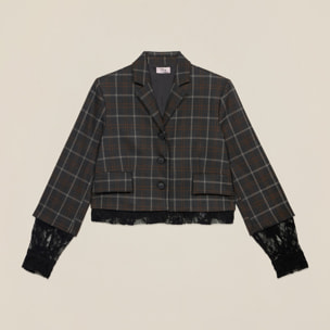 Oltre - Blazer cropped a quadri con dettagli pizzo - Grigio