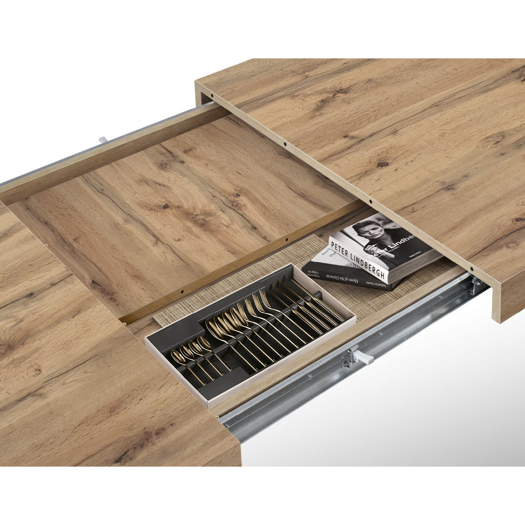 Tavolo CINQUALE in legno, finitura rovere rustico con gambe in metallo antracite, allungabile 160×90 cm – 240×90 cm
