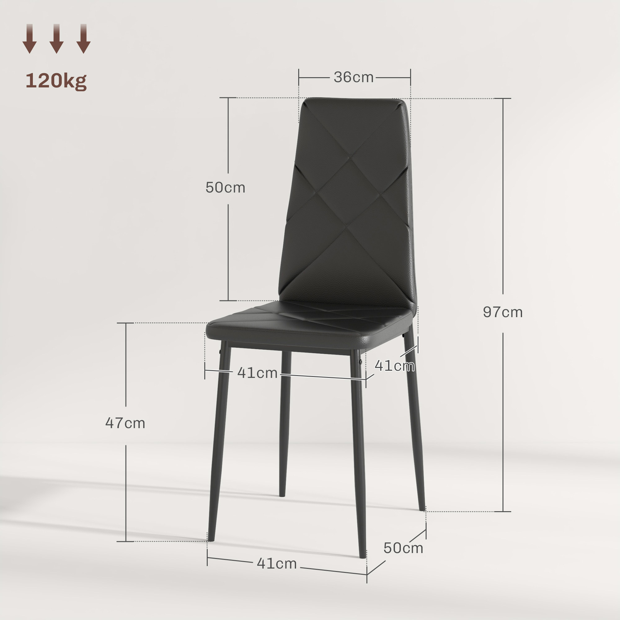 Pack de 6 Sillas de Comedor, Sillas de Cocina Modernas, Tapizadas de Cuero Sintético, Respaldo Alto, Asiento Acolchado, Patas de Acero, Negro