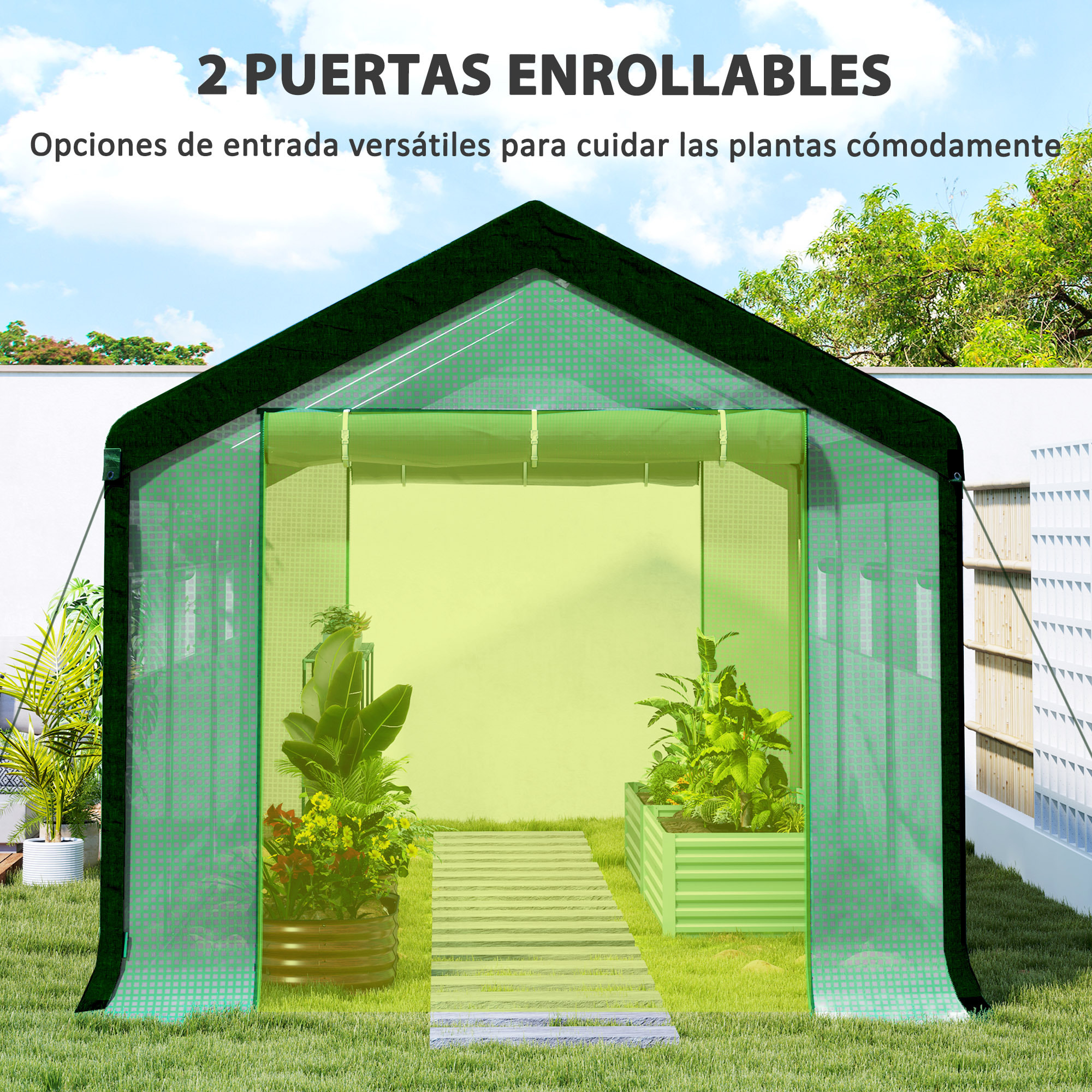 Invernadero de Exterior 6x3x2,8 m Invernadero de Túnel con 6 Ventanas Cubierta de PE Anti-UV y 2 Puertas Enrollables con Cremallera Invernadero para Jardín Patio Verde